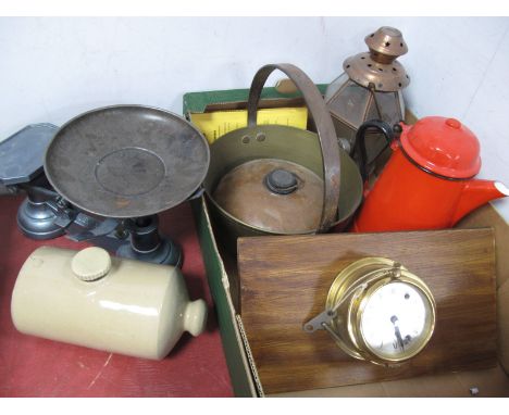 A XIX Century Brass Jan Pan, scales, stoneware bead warmer, etc:- One Box.