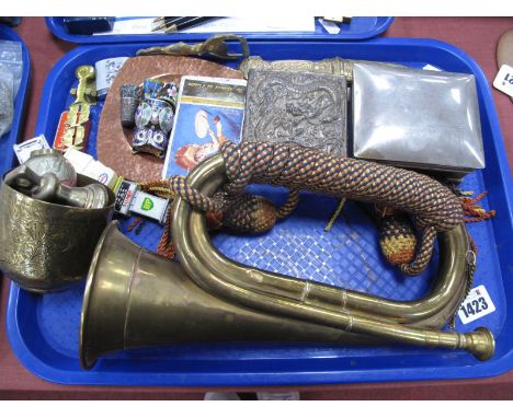 Brass Cornet, thimbles, boxes, sovereign scales, etc:- One Tray.