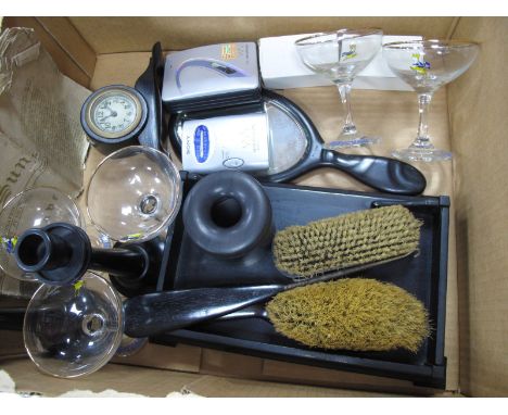 An Ebony Dressing Table Set, including clock, Babycham glasses, Decimal coin set, 1838 The Sun newspaper, walkmans, etc.