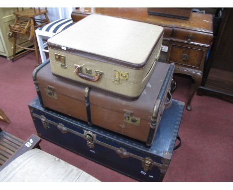 Overpond Metal Bound Travelling Trunk, 105cm wide excluding handles, Hessian covered and leather bound examples. (3)