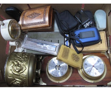 Cameras, wall clock/barometer, alabaster boxes, Darwin safety razor, chess, etc:- One Box.
