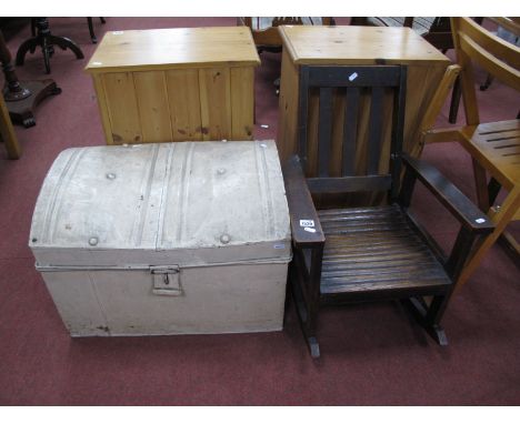 An Early XX Century Ash Rocking Chair,with rail supports, solid seat, on rockers, together with a XIX Century tin trunk. (2).