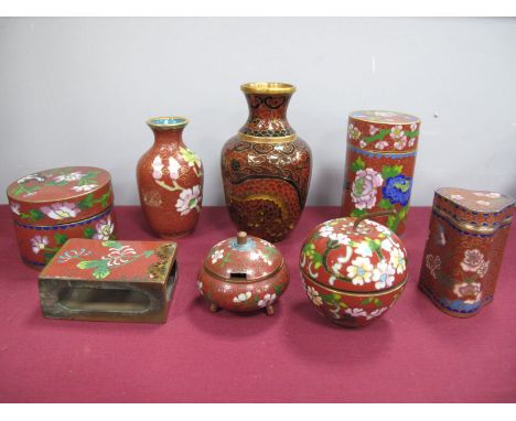 A XX Century Japanese Cloisonni Enamel Vase, tidy jar, matchbox holder, etc: (8)