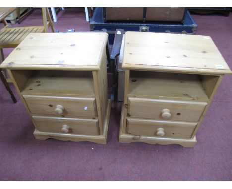 A Pair of Pine Bedside Chests, with two small drawers, on shaped bracket feet.