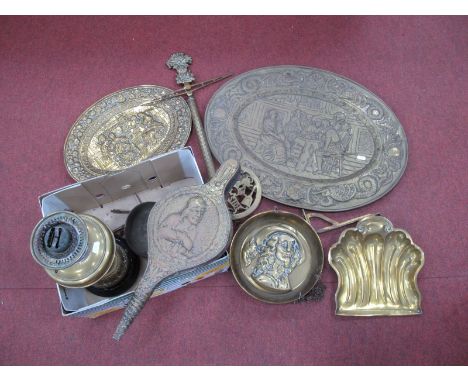 Brass Oil Lamp, on black terracota circular base, Parnall scales, brass plaques, etc:- One Box.
