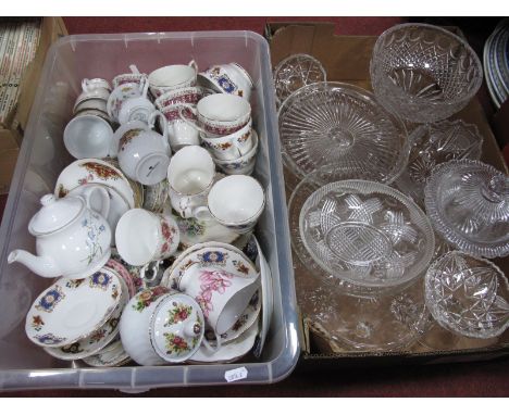 China Part Tea Services, vintage pressed glass cake plates, pressed glass fruit bowl, etc: - Two Boxes.