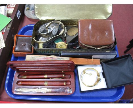 A Ladies and Gents Watches, a XIX Century black lacquer snuff box, pent set, etc:- One Tray