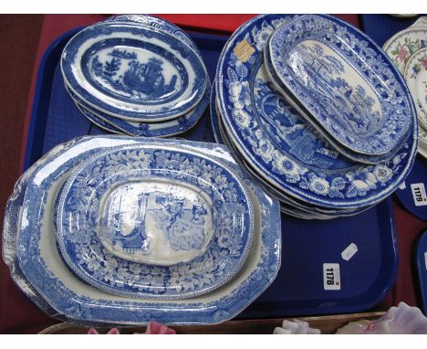 XIX Century Willow Pattern Plates, Spode oval Willow pattern dish, blue-white kettle stands, etc:- One Tray.