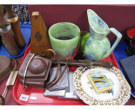 a Maelzel Metronome, Empire jug, Cunard Line playing cars, knife set, etc:- One Tray.
