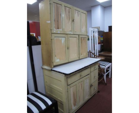 Vintage Yellow Painted Kitchen Cabinet, with panelled doors, base with an enamel top, with drawers and panelled door on block