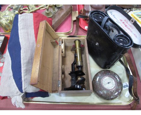 Serpentine Framed Barometer, Union Jack, microscope, Tecnar binoculars.