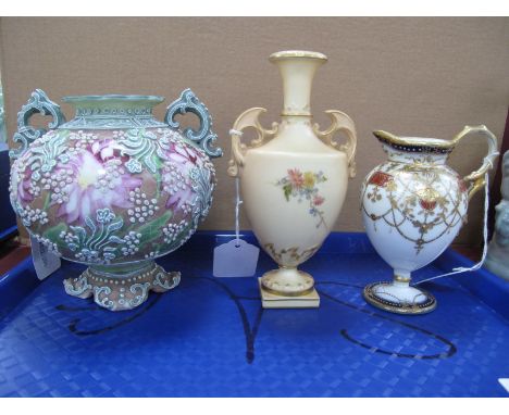 An Early XX Century Royal Worcester Blush Ivory Vase, decorated with floral decoration. Continental twin handled vase with ra