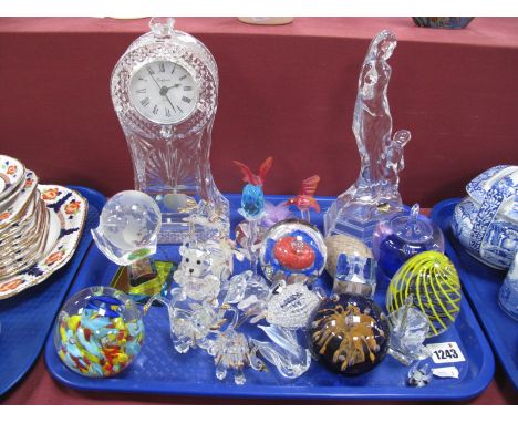 Empress Quartz Clock, glass paperweights, glass animals, etc:- One Tray.