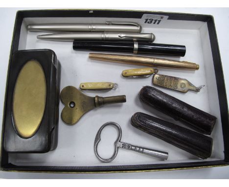 A Horn Snuff Box, Seager's Special Dry Gin advertising pen knife, pens, cheroot cases, etc.