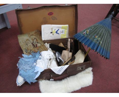 A Small Quantity of White and Embroidered Linens, shoe trees, green glove stretchers, travel iron, wool work tapestry etc, in