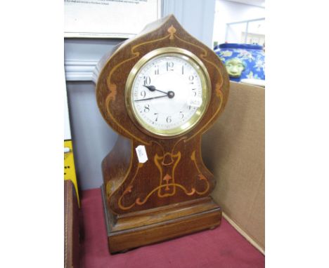 An Early XX Century Mahogany Art Nouveau Mantle Clock, with copper and boxwood inlay, enamel circular dial, Arabic numerals, 