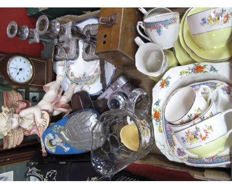 Lacquered Wall Tidy, Voigtlander Vito B Camera, Knight Gibbons mantle clock, tin, plated candlesticks, pottery, glass jug, ch