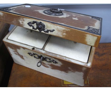 A Painted Tea Caddy, with a ring handle, pierced mounts, two divisions, with lids, 20 cm wide.