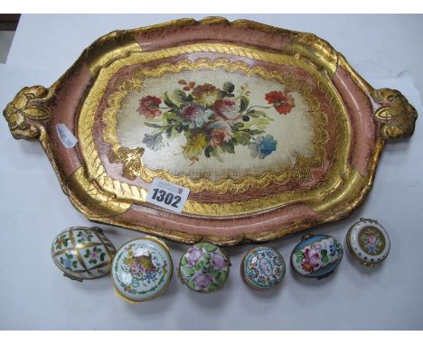 Four Decorative Hand Painted Limoges Trinket Boxes, each with hinged lid; Together with Two Halcyon Days enamel trinket boxes