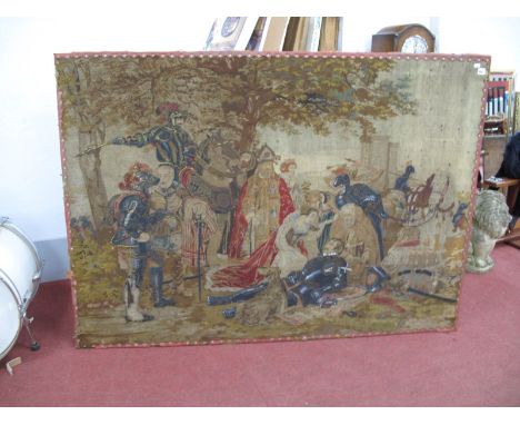 A XIX Century Wool Work and Bead Tapestry, of a Bishops and Knights and a Soldier lying on the floor, (damaged) 68cm wide.