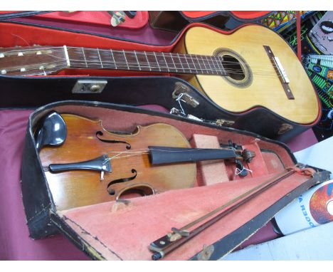 A XIX Century Violin with Two Piece Back, label 'Stradivarius', with bow in case. 'Damas' Sevilla Guitar, in case., (2)