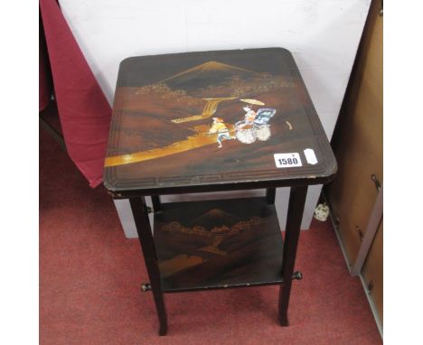 An Early XX Century Black Lacquer Stand, top with Mount Fuji figures with mother of pearl, on splay legs, with under shelf.