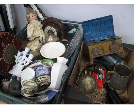 Early XX Century Barometer, bellows, doll, ceramic glass, tin plate egg holder, Tomlinson butter colour bottle, etc:- Two Box