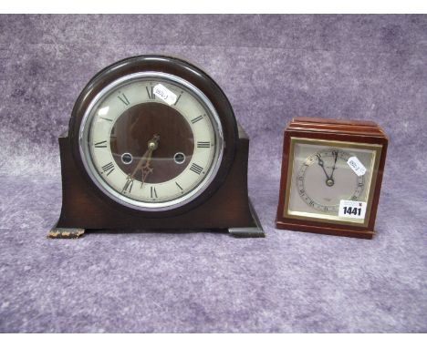 An Elliott Mahogany Mantel Clock, with a silver dial, Roman numerals, on plinth base, no feet, together with one other mantel