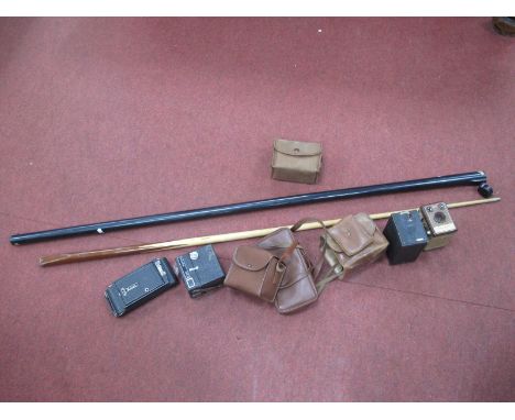 A Snooker Clubman Cue, one piece, in plastic case. Kodak cameras.