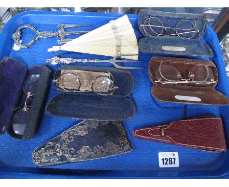 Four Cased Pairs of Vintage Spectacles, two Victorian cased set, of scissors, fan and silver plated forks.