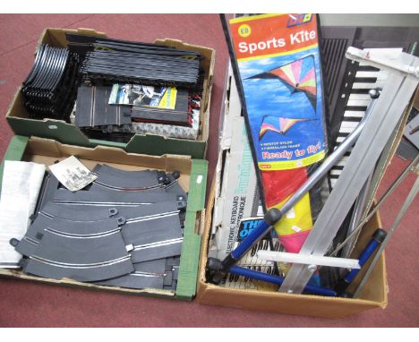 Porta Sound Electronic Keyboard, RAF holdall, Scalextric track, etc:- Three Boxes. 