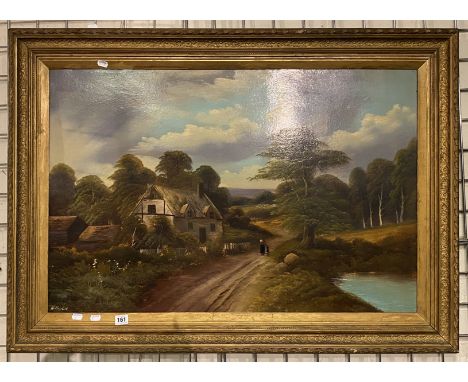OIL ON BOARD SIGNED COTTAGE LANE &amp; POND 79CMS X 109CMS WITH FRAME