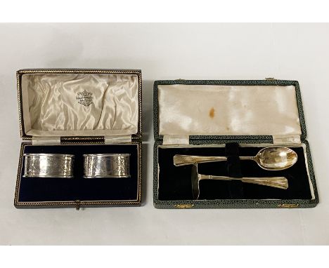 TWO HM SILVER NAPKIN RINGS &amp; A CHRISTENING SET