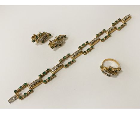18CT YELLOW GOLD BRACELET, EARRINGS &amp; RING WITH DIAMOND &amp; EMERALD - APPROX 40 GRAMS