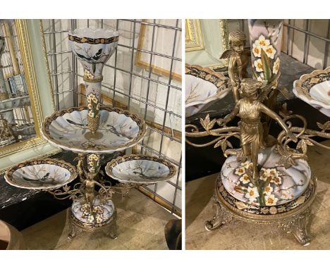 BRONZE &amp; PORCELAIN ART NOUVEAU CENTREPIECE 57CMS (H)