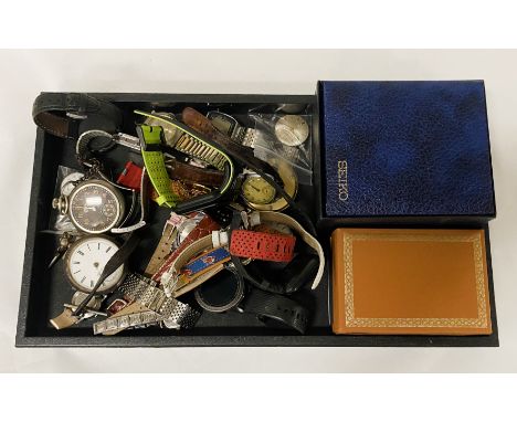 WATCHES TO INCL. SILVER GENTS &amp; LADIES POCKET WATCH &amp; TWO EMPTY WATER BOXES