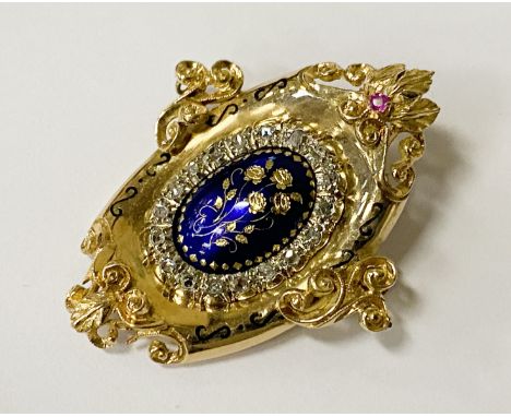 18 CT. YELLOW GOLD ENAMEL &amp; DIAMOND RUBY BROOCH - 11 GRAMS APPROX