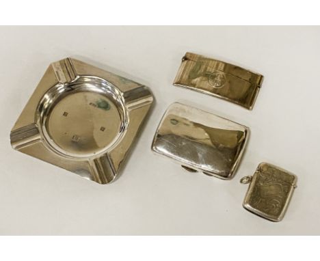FOUR HM SILVER ITEMS - ASHTRAY, CARD HOLDER &amp; OTHER - 206 GRAMS APPROX