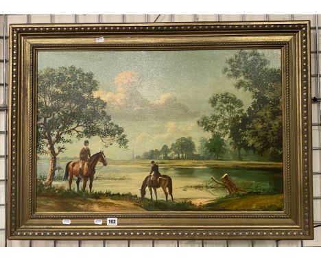 FRAMED &amp; SIGNED OIL ON CANVAS - RIDER WATERING HORSES 66CMS X 90CMS WITH FRAME