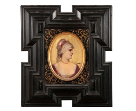 CONTINENTAL SCHOOL, 20TH CENTURY A portrait of a lady in profile indistinctly signed lower right, oil on panel, within a moul
