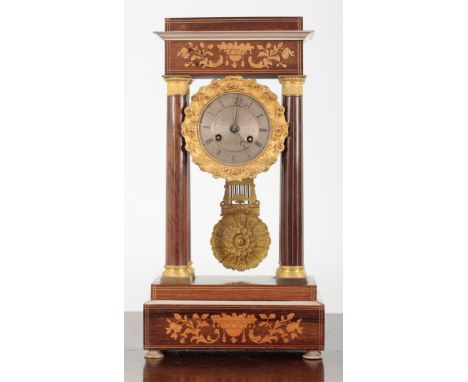 A ROSEWOOD AND MARQUETRY PORTICO CLOCK the two train movement striking on a bell, gilt metal foliate cast pendulum, the silve