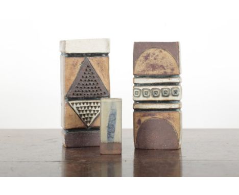 *ALAN WALLWORK (1931-2019) TWO RECTANGULAR 'SLAB' VASES each with geometric designs, 17.5cm and 17cm high; and a smaller exam