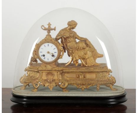 A FRENCH GILT SPELTER MANTEL CLOCK 19th century, the two train movement striking on a bell, the back plate marked VF Brevett 