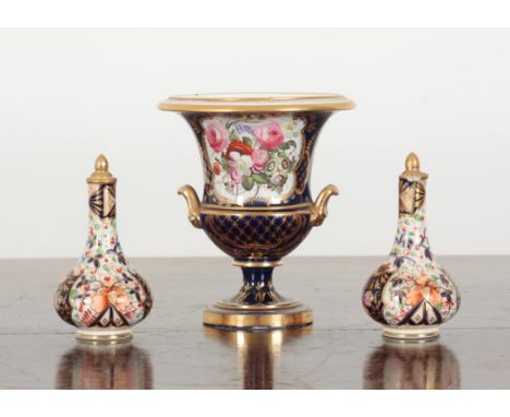 A PAIR OF DERBY PORCELAIN SCENT BOTTLES red crown marks to the base, decorated in the imari palette, 10.5cm high, together wi