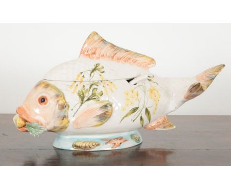 A LARGE ITALIAN PORCELAIN FISH TUREEN marked 8015/E Italy to the base, complete with ladle, 29cm high x 50cm wide