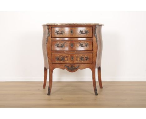 A LOUIS XV STYLE MARBLE TOPPED SERPENTINE COMMODE the three drawers and the sides inlaid with foliate decoration, gilt metal 