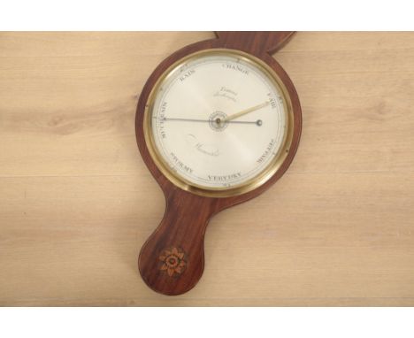 A GEORGE III MAHOGANY BAROMETER BY TARELLI OF NORTHAMPTON with a silvered dial and thermometer above, the case inlaid with sh