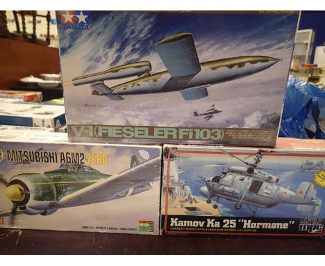 Three aircraft related kits, Airfix 1/72 scale Zero, MPC 1/72 scale Kamov KA25 helicopter, and Tamiya 1/48 scale V-1 rocket, 