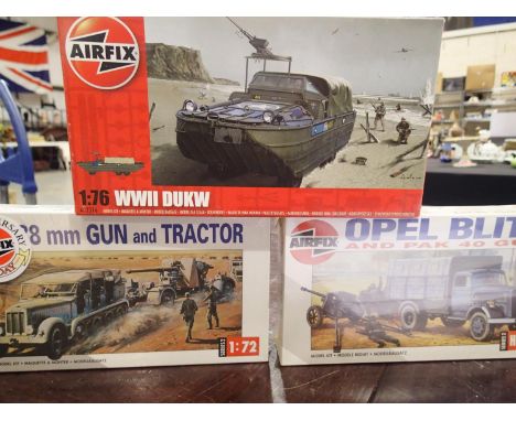 Three Airfix 1/72 scale military related kits, 88mm gun and tractor, Opel Blitz and Pak 40, DUKW, sealed boxes. UK P&amp;P Gr