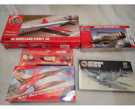 Four Airfix aircraft kits, all as new and sealed, 1/144 scale Comet, 1/72 scale Red Arrows, Spitfire VD, and Hurricane, some 